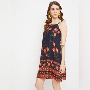 Women’s Navy Blue Orange Floral Bohemian Boho‎ Midi Dress Size Large